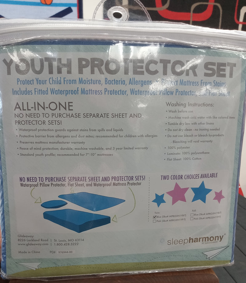 4 Piece Blue Full Youth Protector Set - Fitted Waterproof Mattress Protector, Waterproof Pillow Protector, and Flat Sheet - FREE SHIPPING