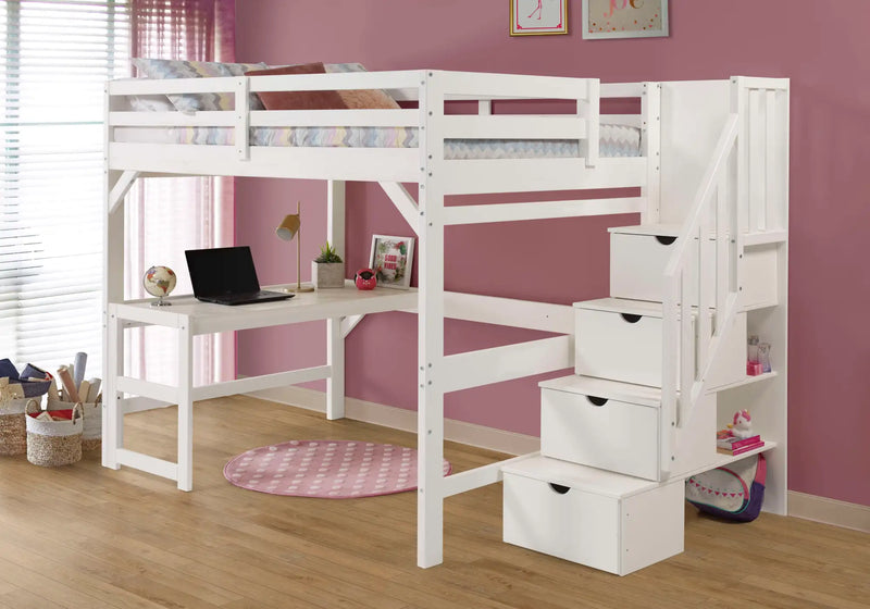 Staircase Full Loft Bed w/Desk - WHITE
