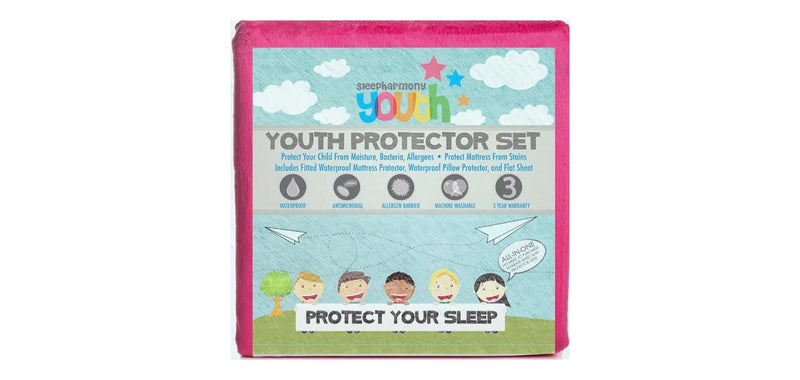 4 Piece Pink Full Youth Protector Set - Fitted Waterproof Mattress Protector, Waterproof Pillow Protector, and Flat Sheet - FREE SHIPPING