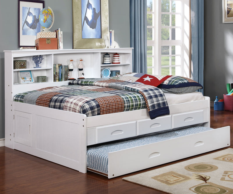 Full Side Book Bed w/3 Drawer Pedestal & Trundle in White