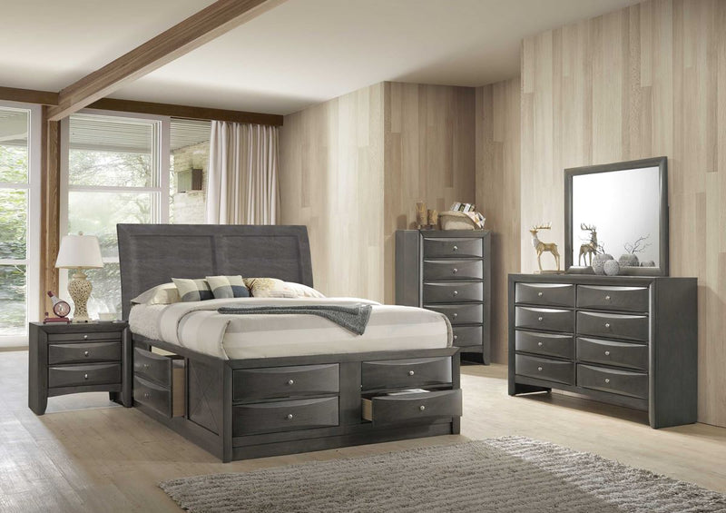 Grey queen size panel bed with storage