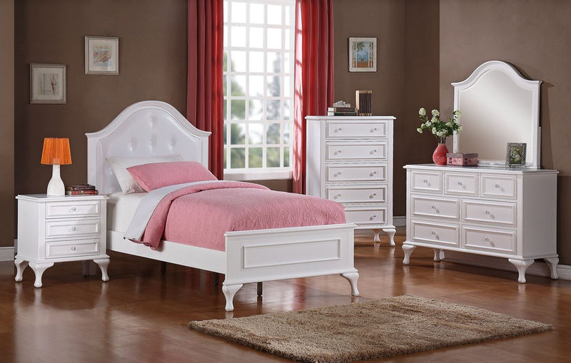 White twin bed with upholstered headboard